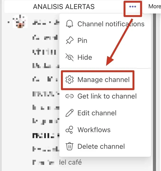 Opciones de canal de Microsoft Teams
