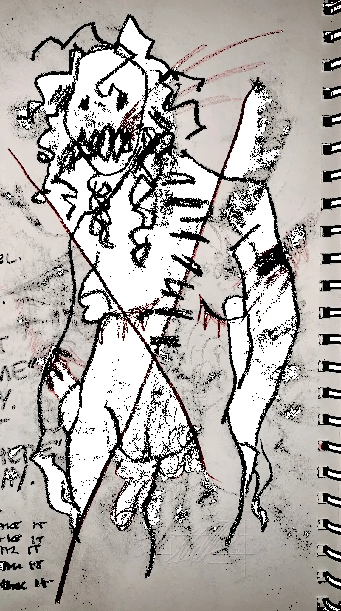 A sorrowful, haunting figure with curly hair and a large X over it's body. It has both male and female genitalia, as well as dramatised top surgery scars underneath it's breasts. Various hand-prints mark their limbs and face.