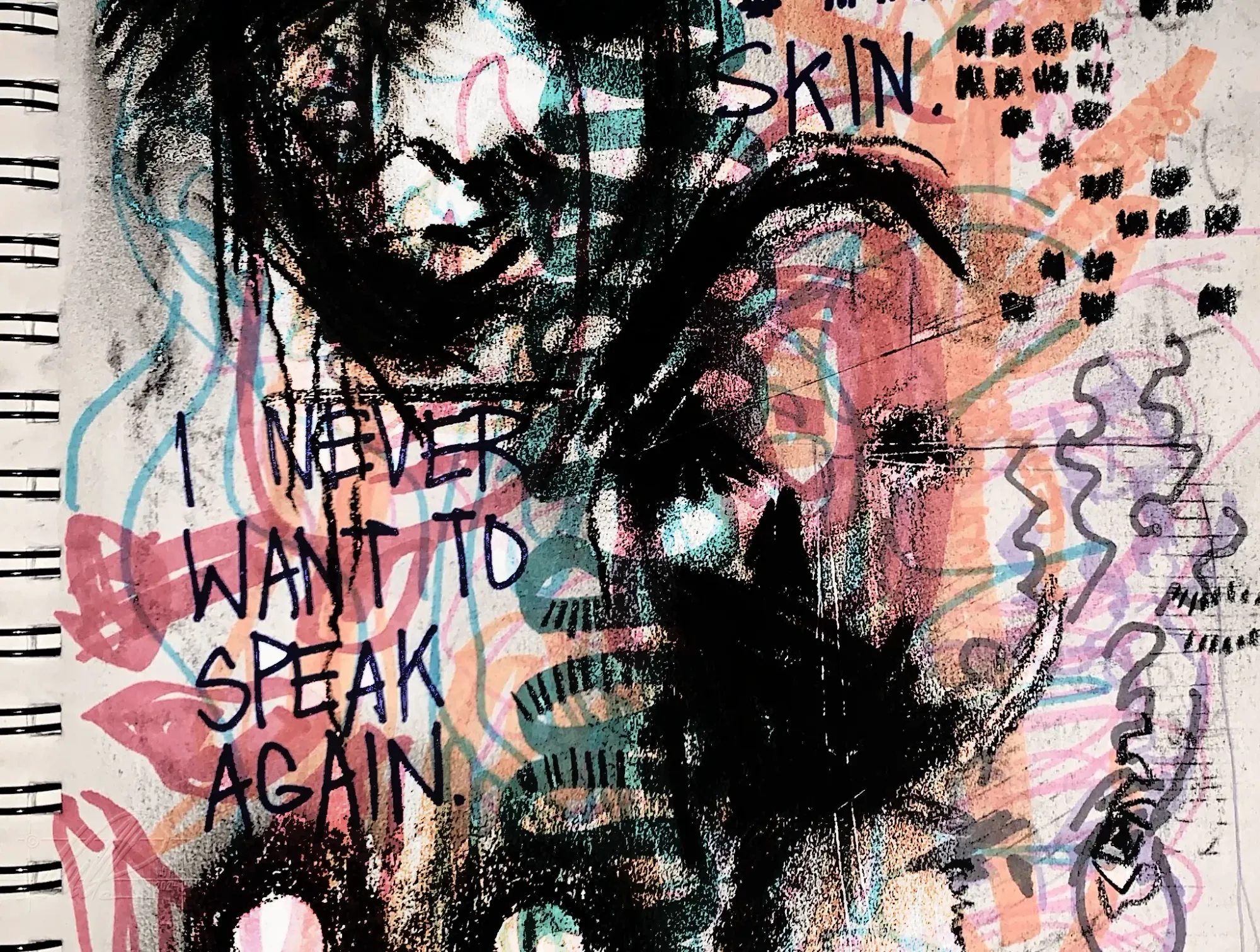 Obscure, dark faces on a colourful, frantic background of various scribbles. Many long and short lines have been cut into the page. Words in all-caps read: "I never want to speak again."
