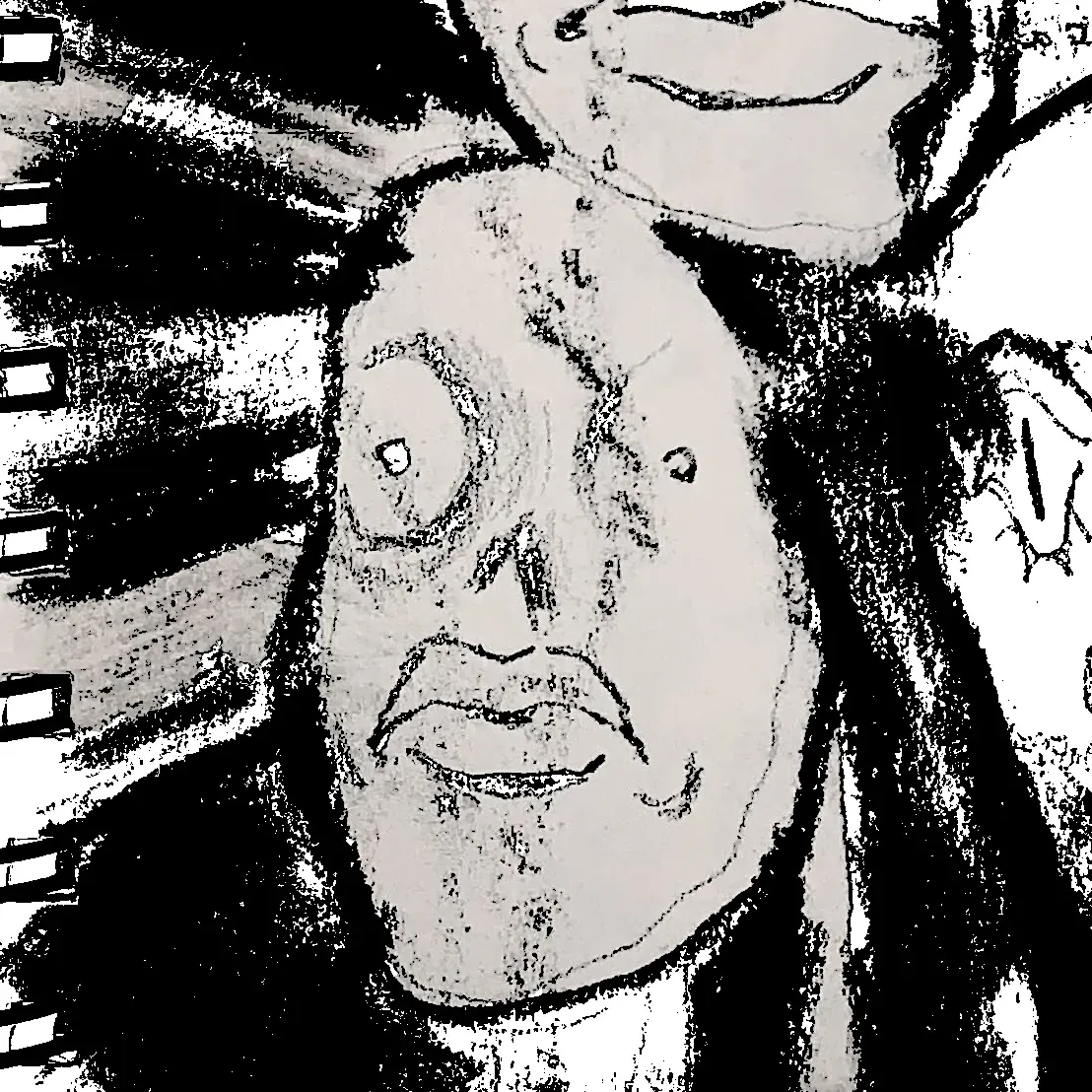 A strange, grim face in darkness. Remnants of surrounding faces are cropped out.