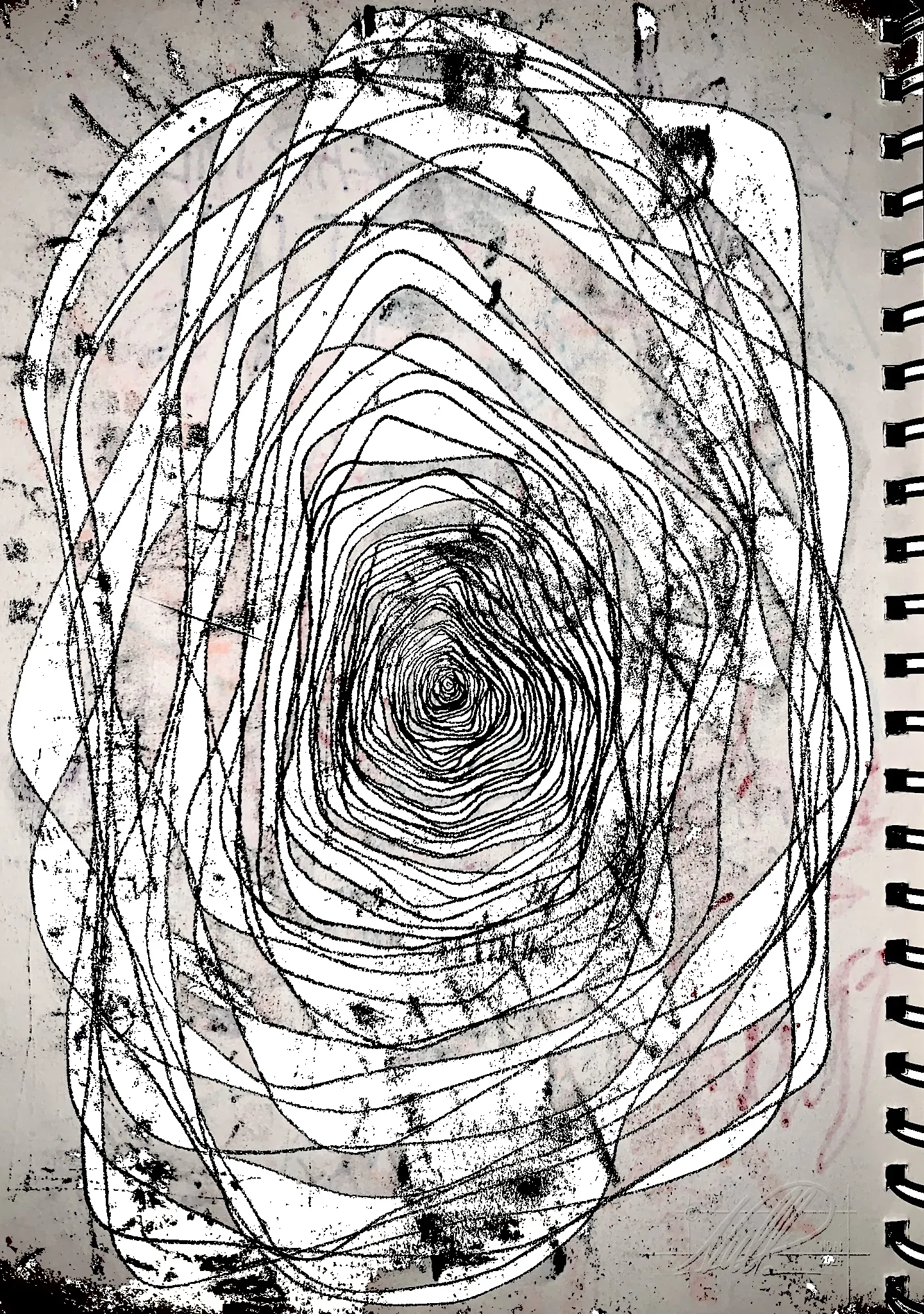 A large, ink spiral filling an entire page.