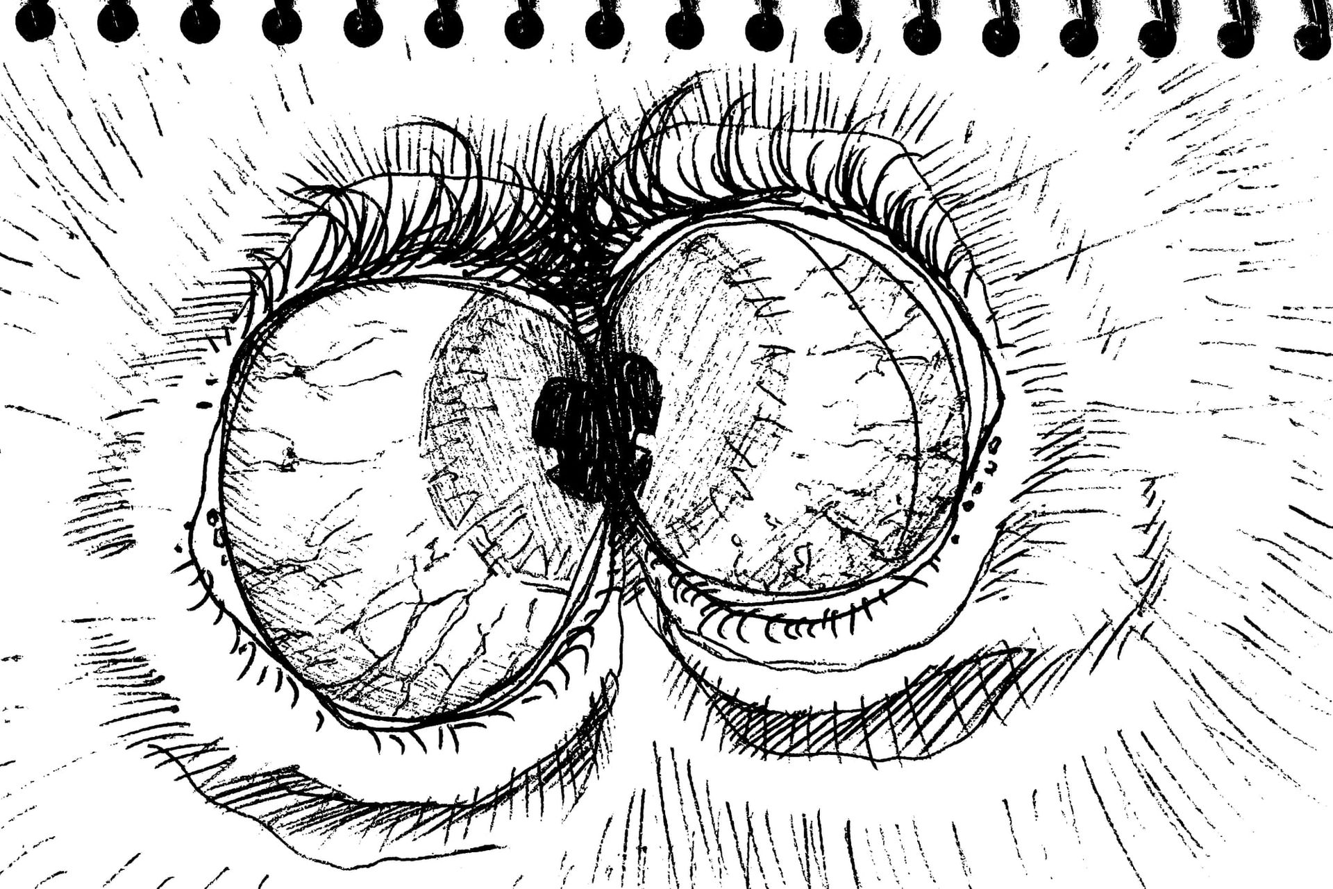 A black and white drawing of two wide open eyes touching, looking directly at each other.