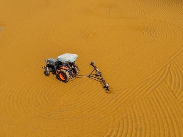 a tractor with plough ploughing brown sand