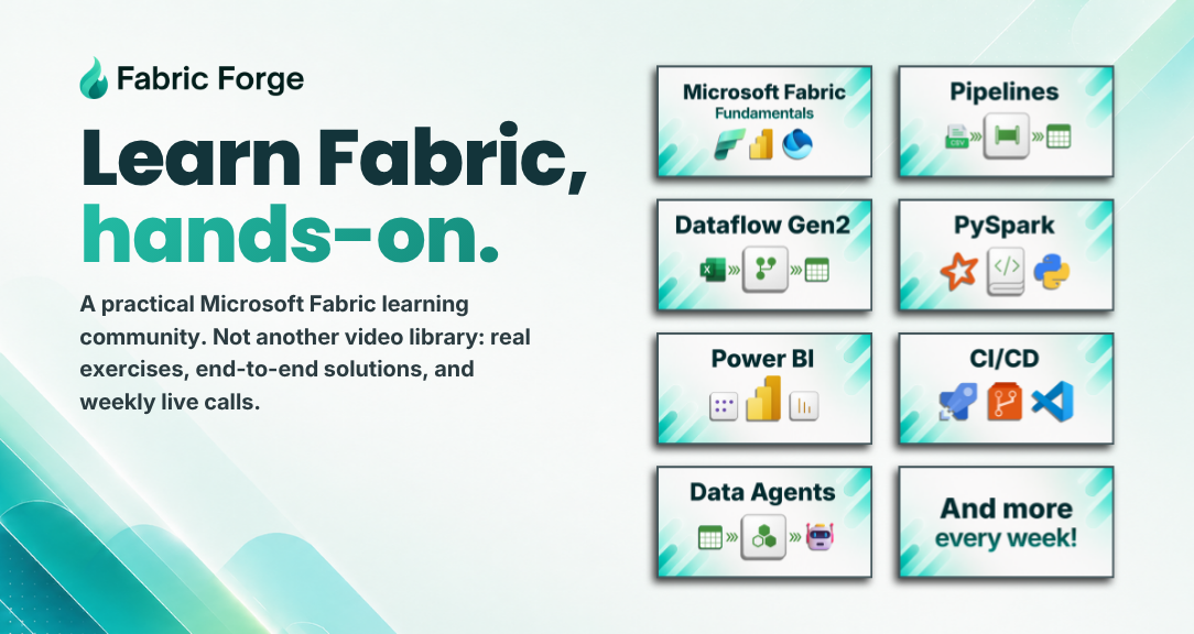Fabric Forge curriculum — Microsoft Fabric Fundamentals, Pipelines, Dataflow Gen2, PySpark, Power BI, CI/CD, Data Agents, and more added every week