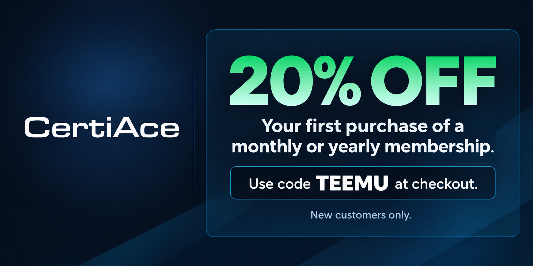 CertiAce partnership discount code. 20% off first purchase.