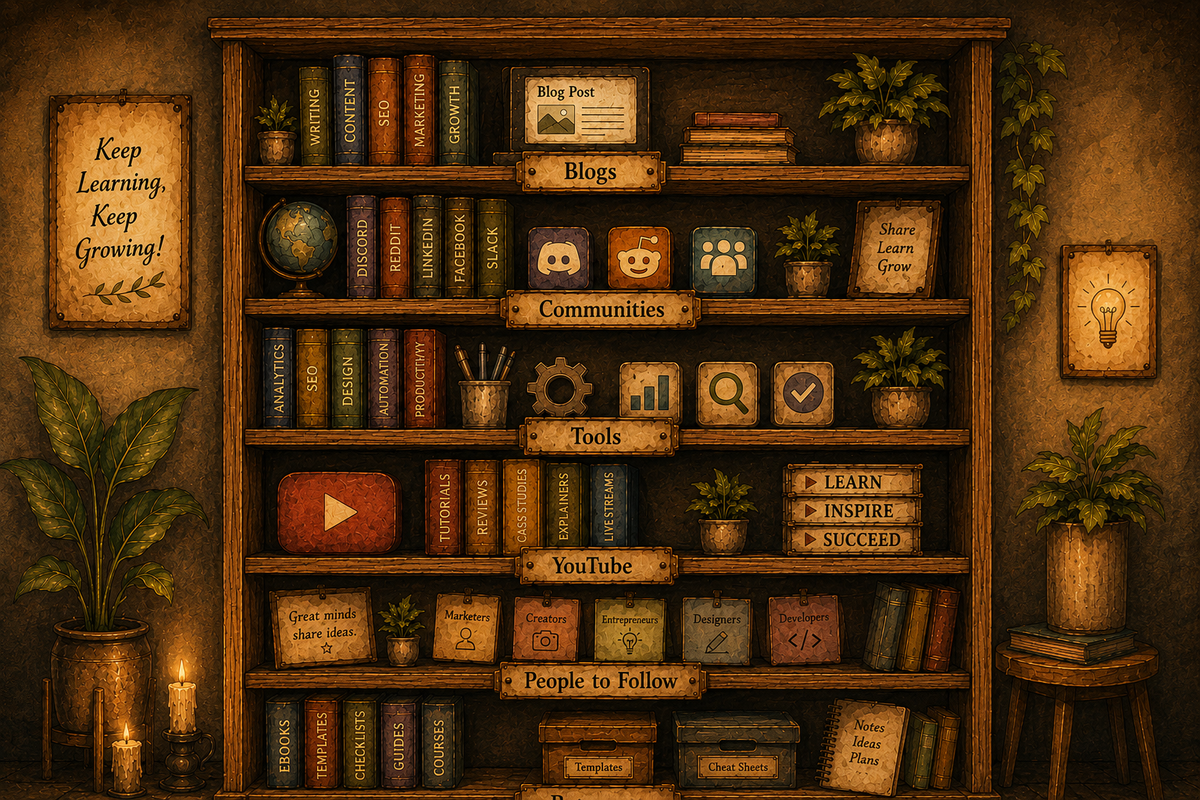 Illustrated resource library featuring blogs, communities, tools, YouTube channels, people to follow and learning resources for Microsoft Fabric professionals.