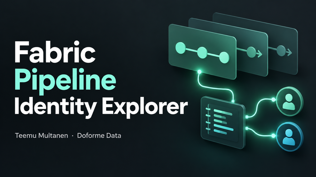 Fabric Pipeline Identity Explorer by Teemu Multanen, showing connected pipelines, a notebook, and user identities.