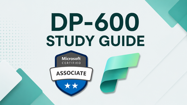DP-600 Study Guide with Certification badge and Fabric icon.