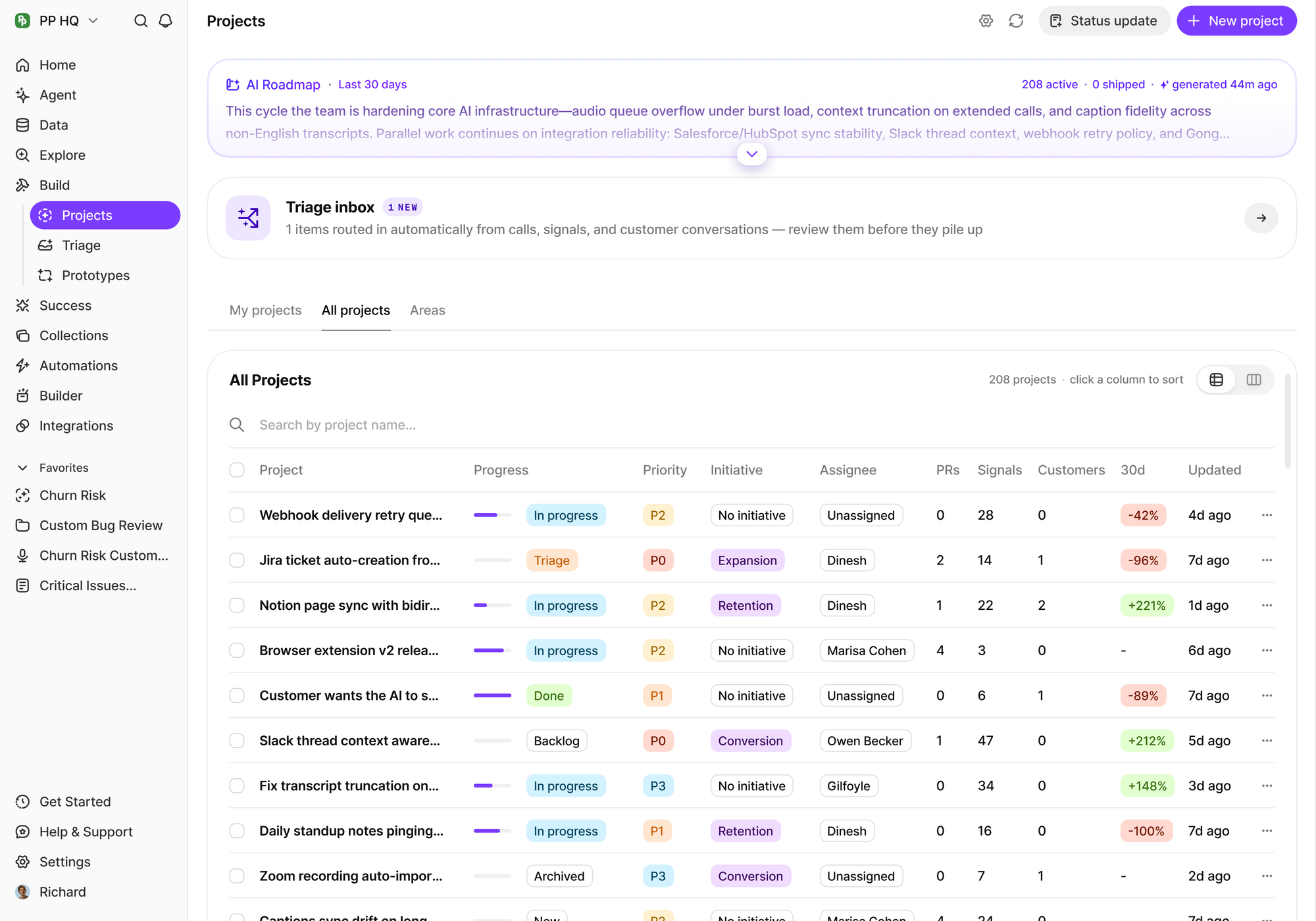BuildBetter Projects view with an AI-generated roadmap summary above a table of 208 projects showing progress, priority, initiative, assignee, linked PRs, signal counts and customer counts