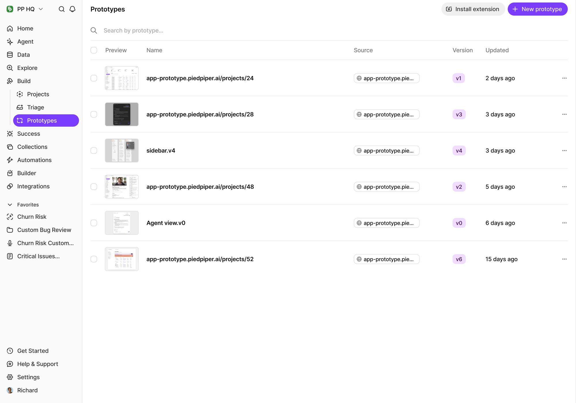BuildBetter Prototypes list showing versioned prototype links with thumbnail previews, source URLs and version labels from v0 to v6