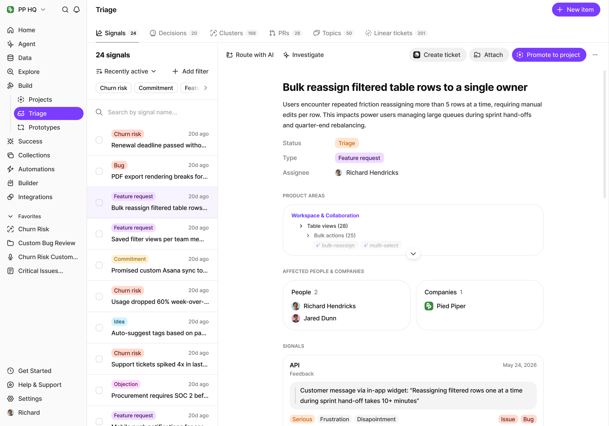 BuildBetter Triage inbox with incoming signals labelled churn risk, bug, feature request and objection, and a detail pane for a feature request showing product areas, affected companies and source quotes