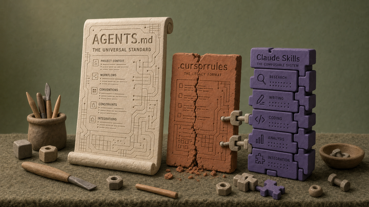 Featured illustration for AGENTS.md vs .cursorrules vs Claude Skills: 2026 Comparison