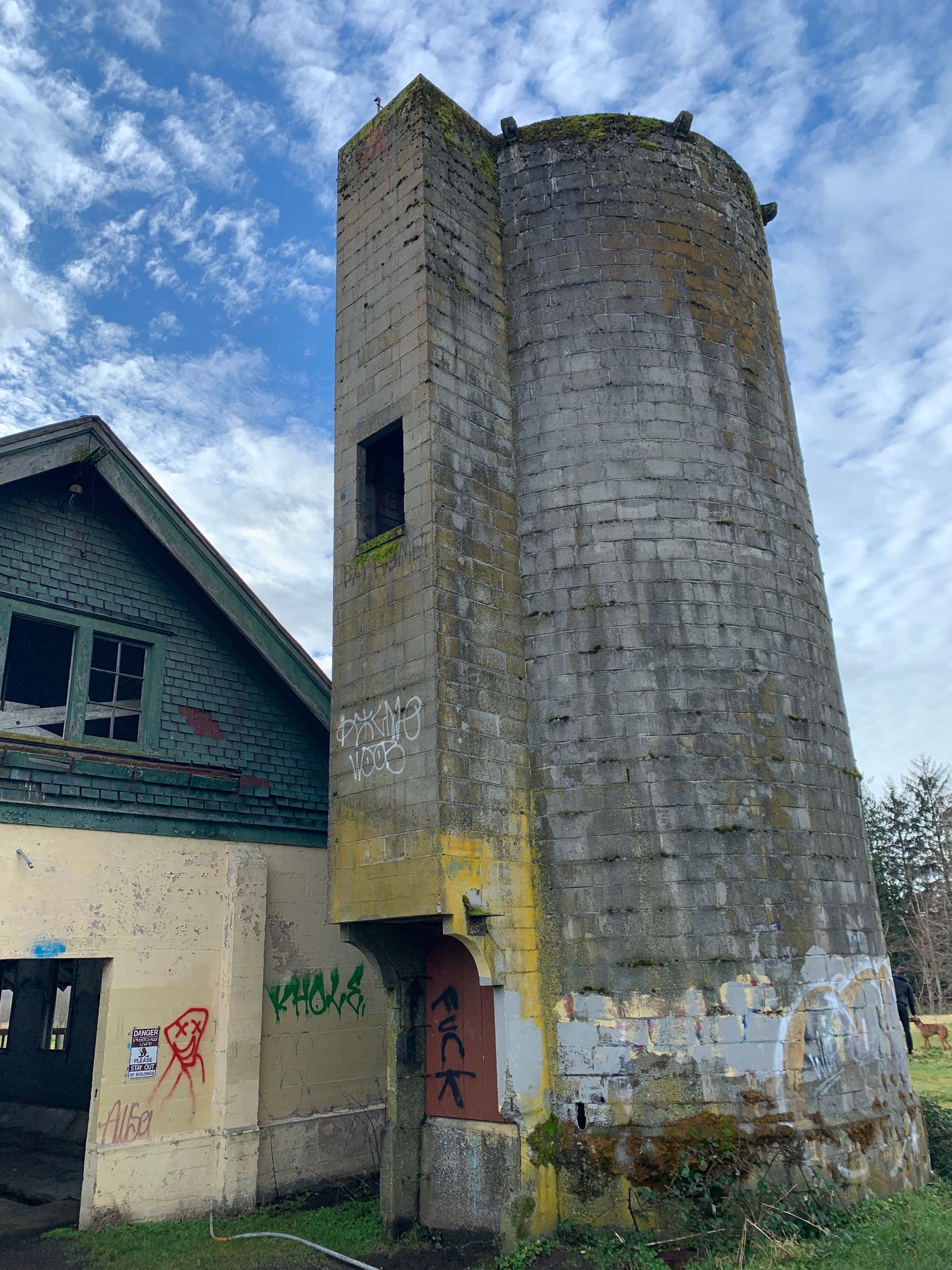 abandoned grey and brown brick buildings with graffiti, blue skies, green grass