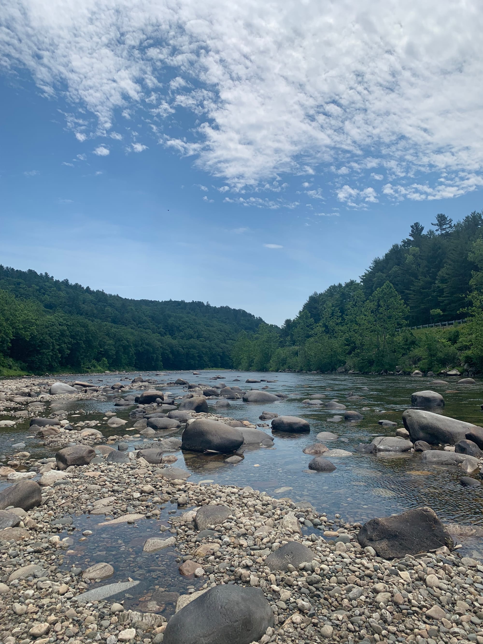 a river stretching out into the distance, green river banks, river rocks large & small