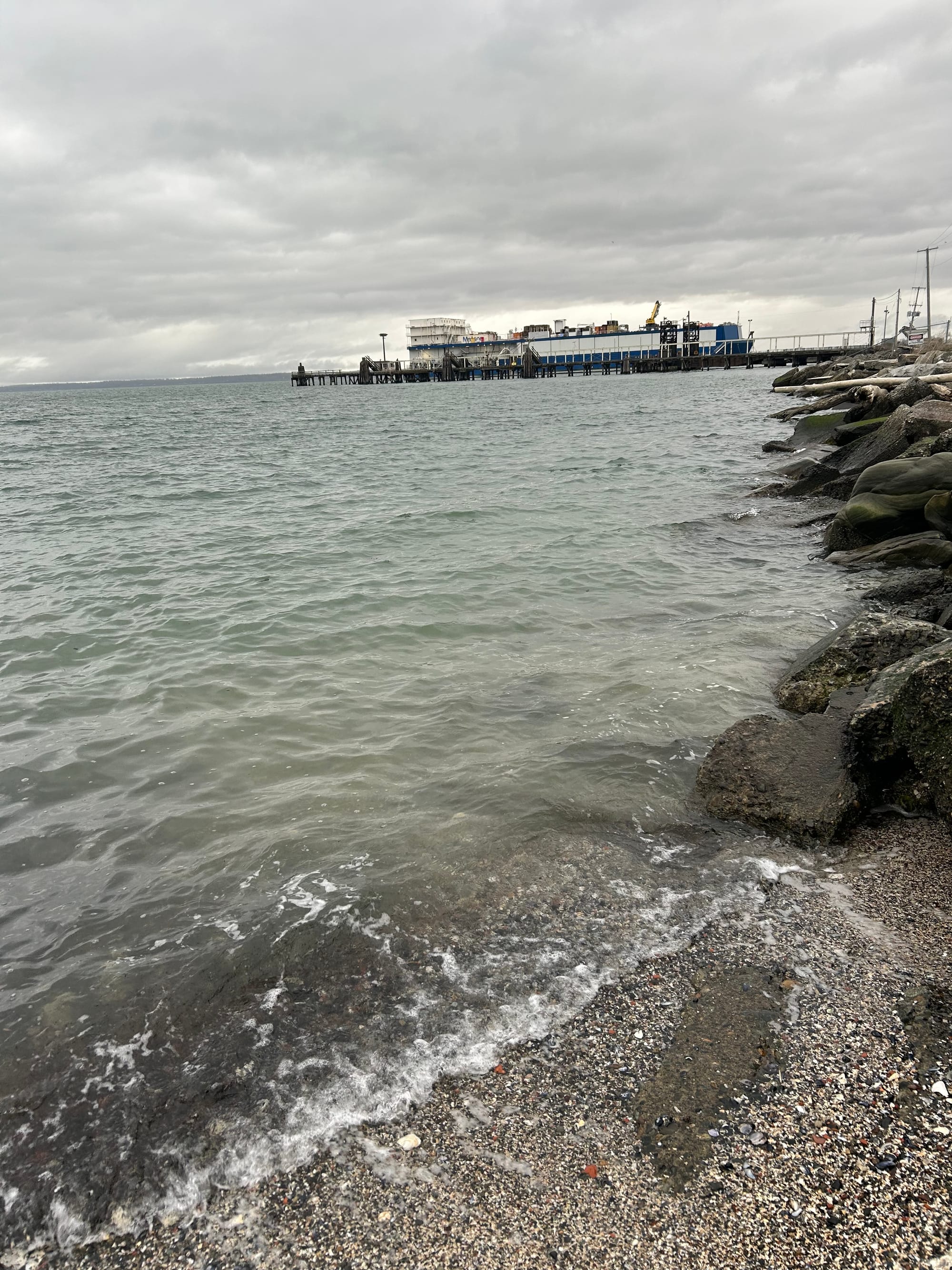 green gray water, pebbly beach, grey skies, a big ship docked a distant pier