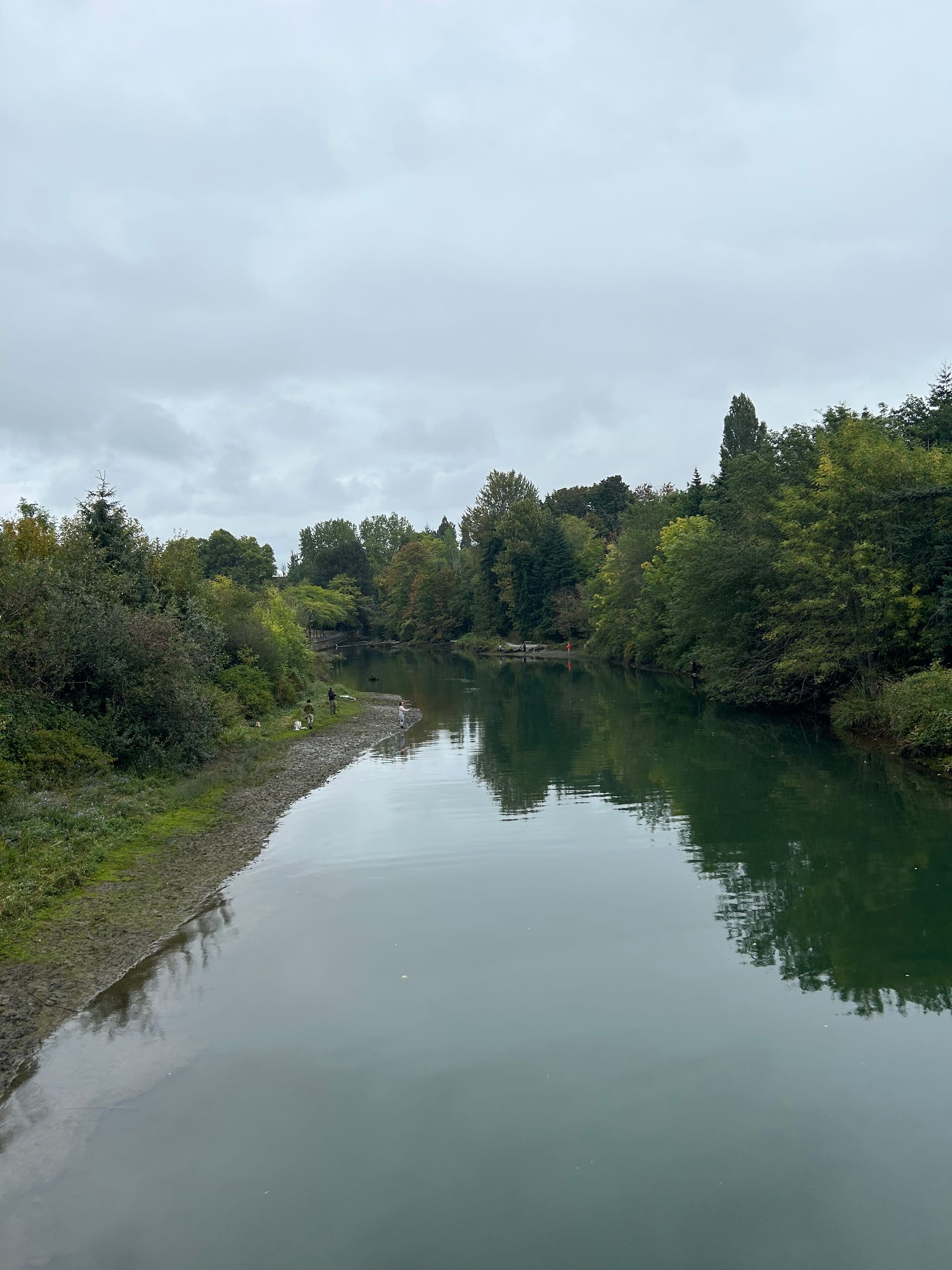 wide creek with a couple people fishing in the distance, green banks of trees, grey cloudy skies