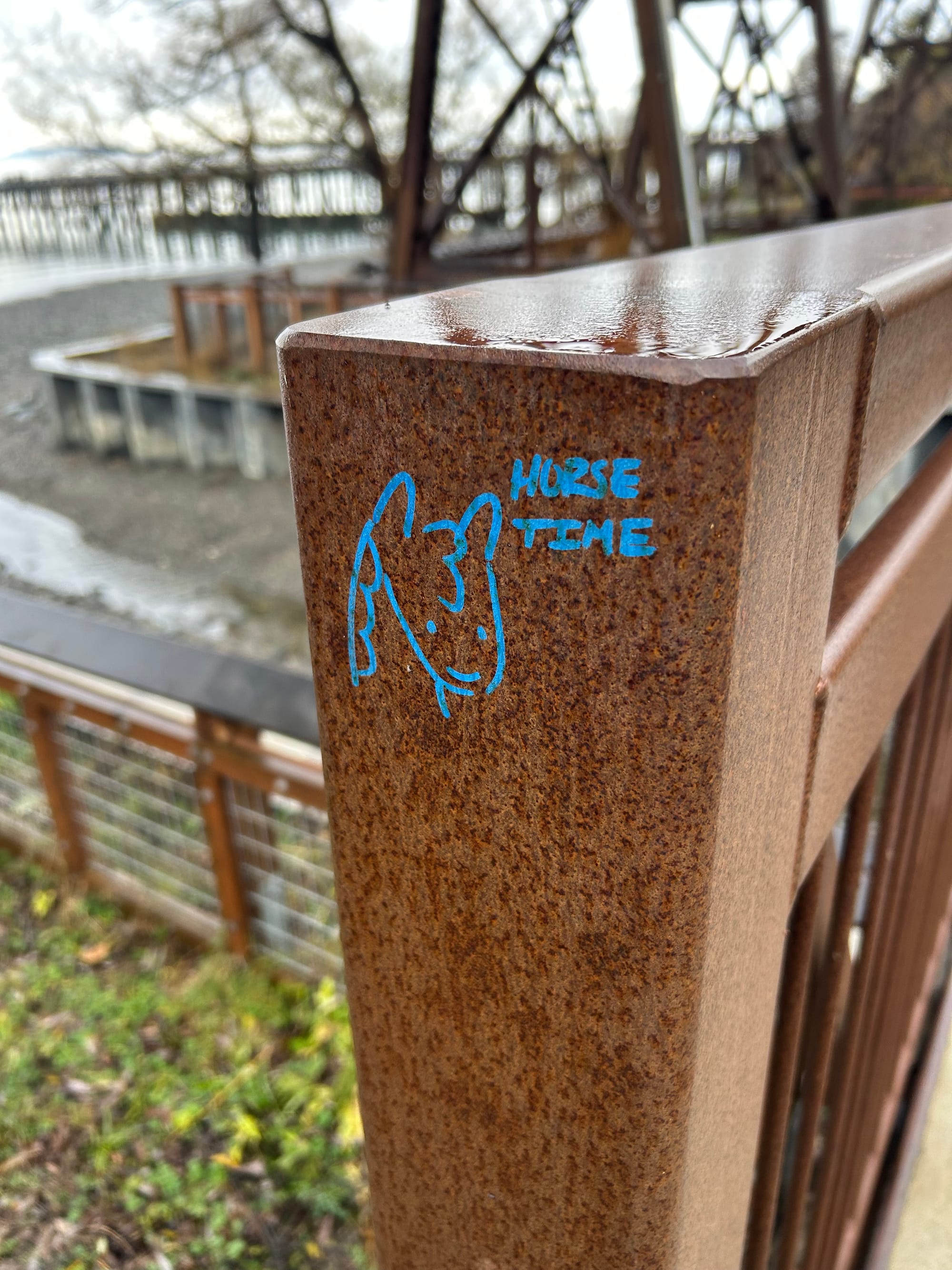 metal post with pink graffiti horse head, reading "it's horse time," pier and water visible in background