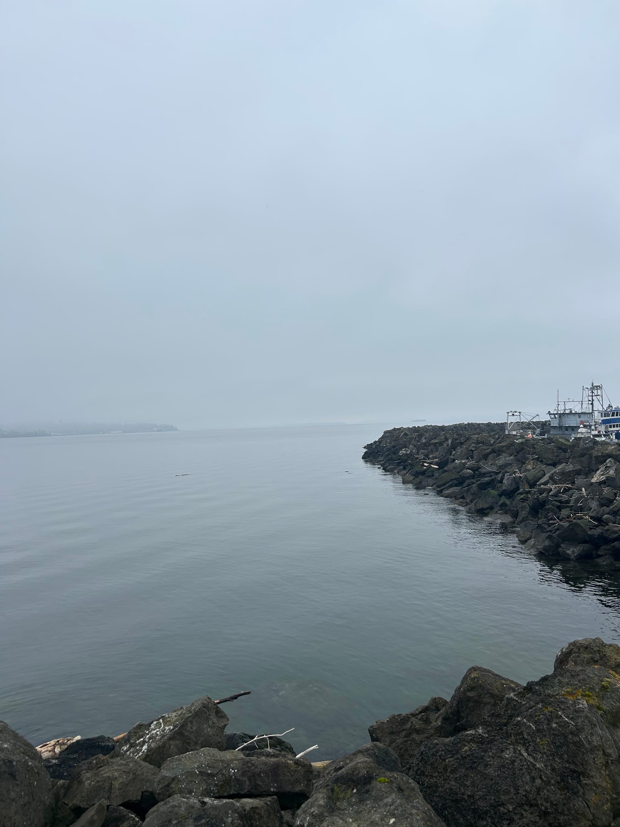 a stone wall and stone jetty extending out into grey water, distant land visible through fog, grey skies