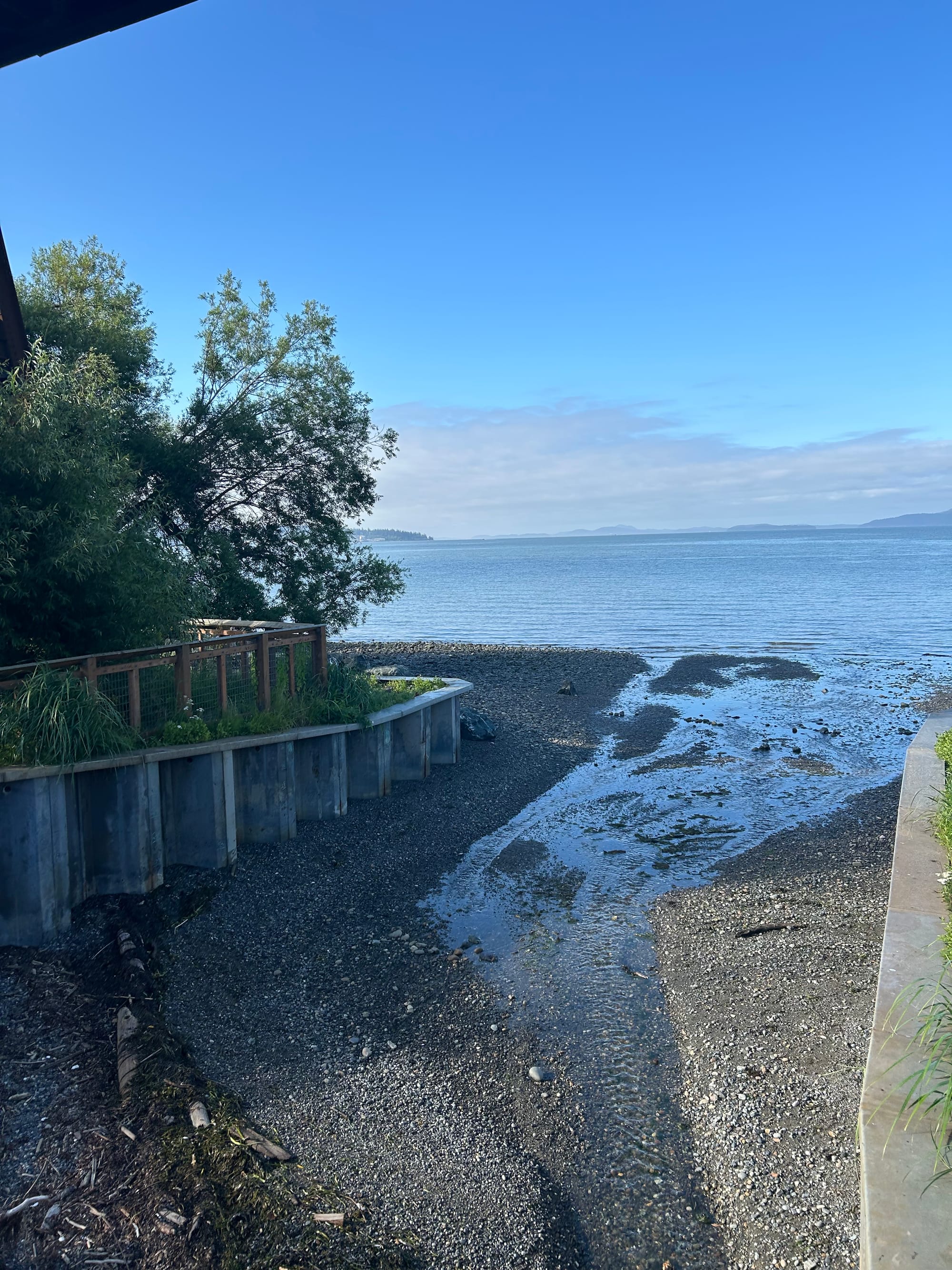 gravelly inlet where a creek meets the bay, clouds on the horizon, blue skies