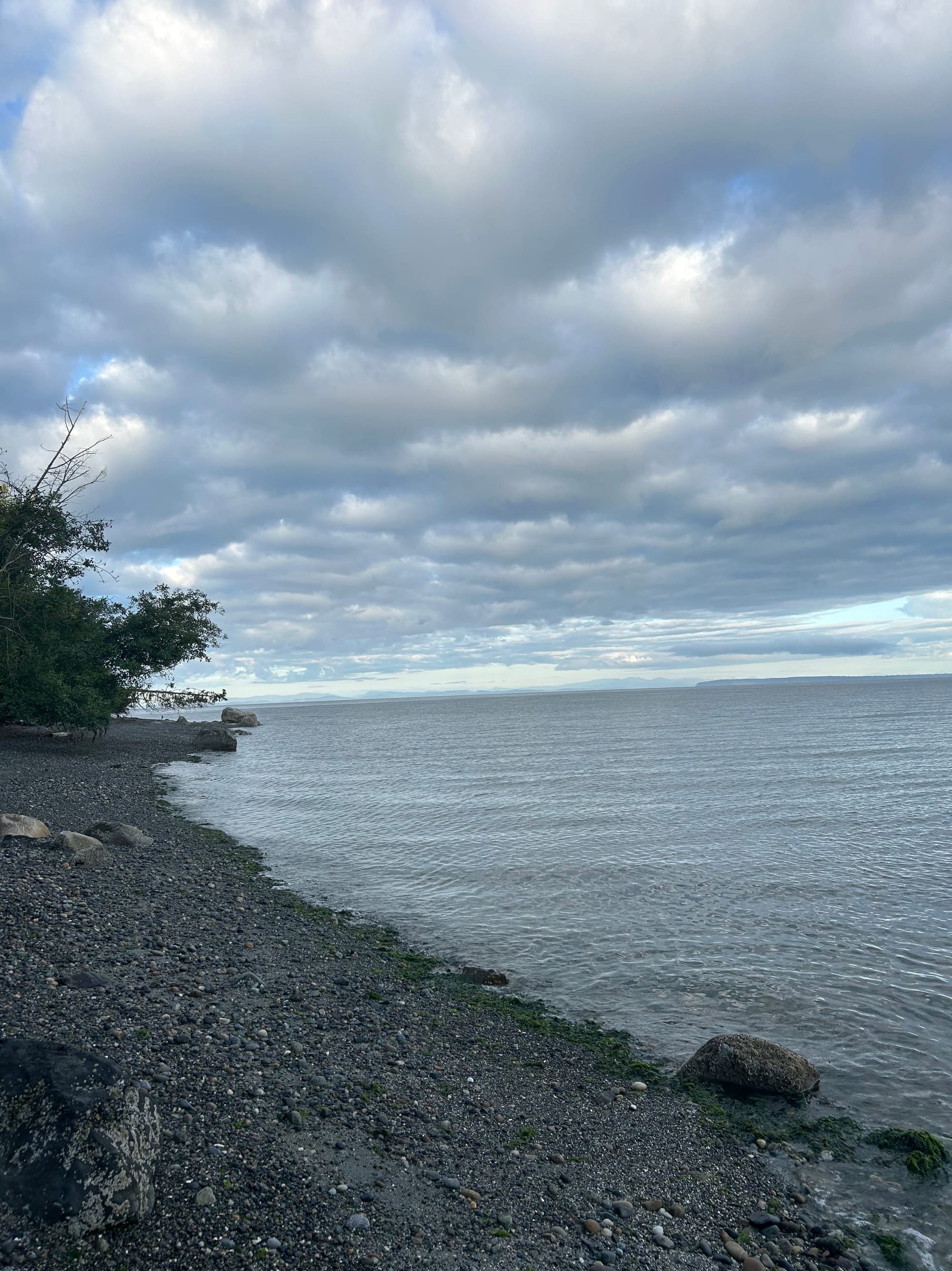 pebbly beach, grey water, treeline off to the left, grey clouds with glimpses of blue