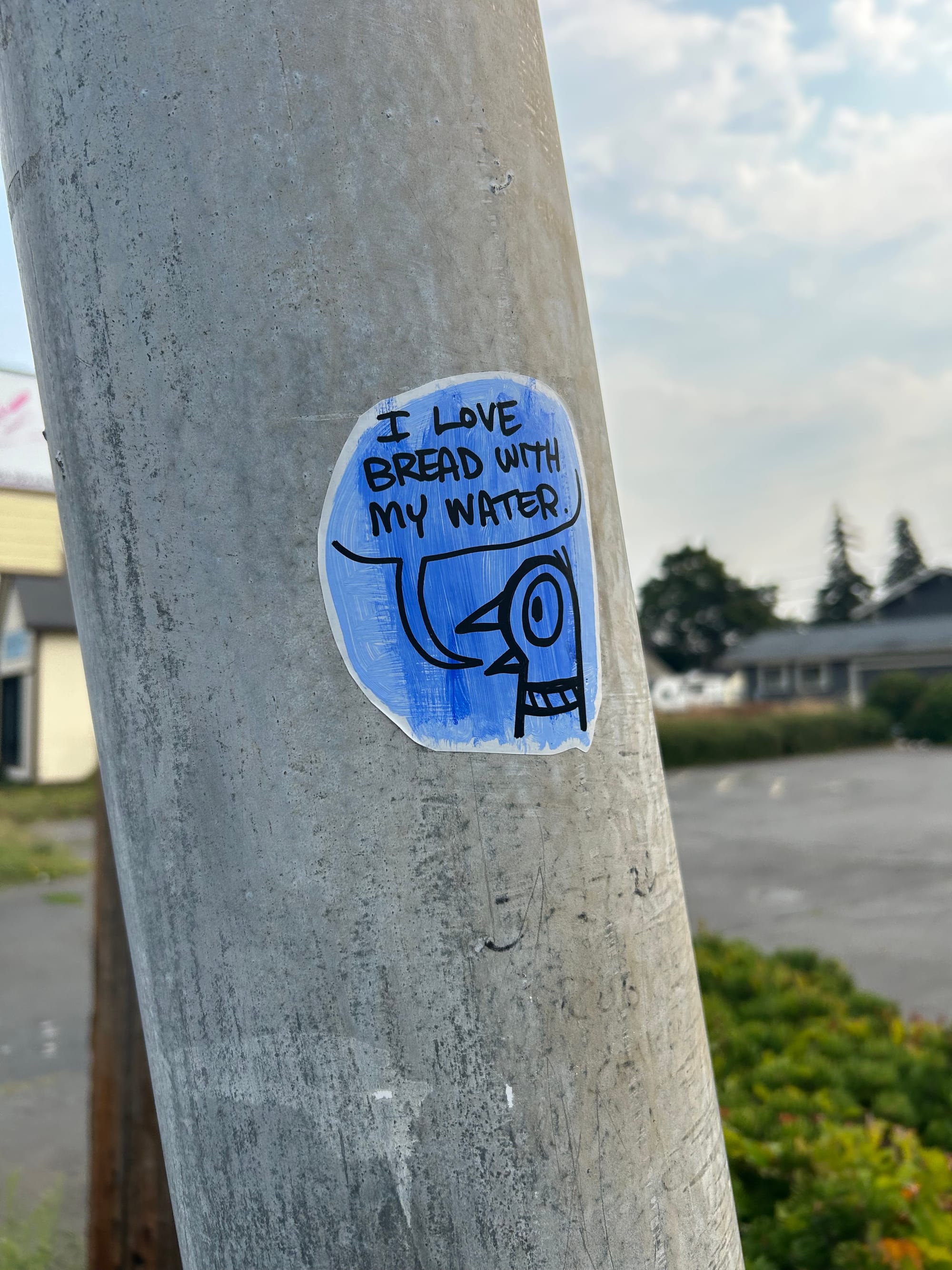 a lightpost with a sticker showing a line drawing of a ring neck pigeon with a speech bubble that says: "I LOVE BREAD WITH MY WATER."