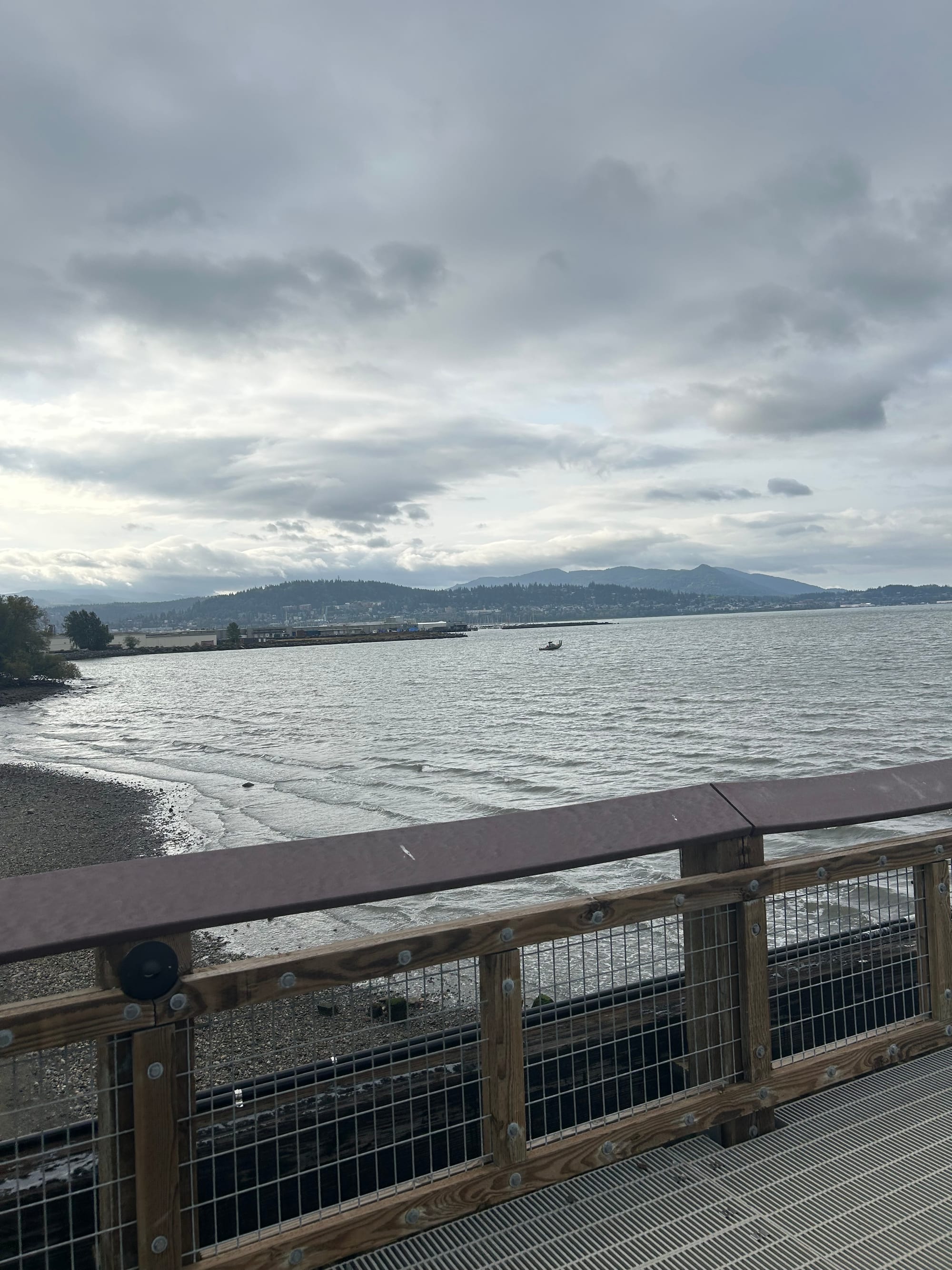 the side railing of a pier looking down at a pebble beach, grey water, and a city in the distance. one small boat visible.