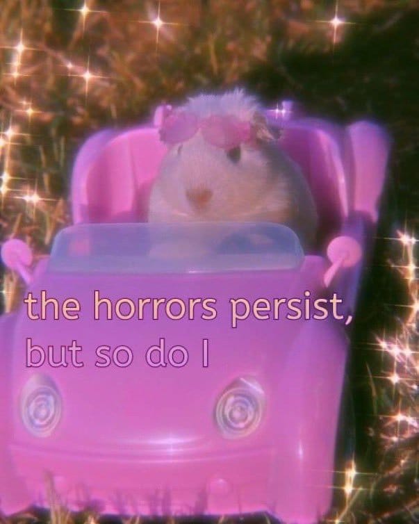 image of a white guinea pig wearing pink sunglasses on the top of its head, sitting in a pink toy car. the caption reads, "the horrors persist, but so do i." there are twinkle lights in the background