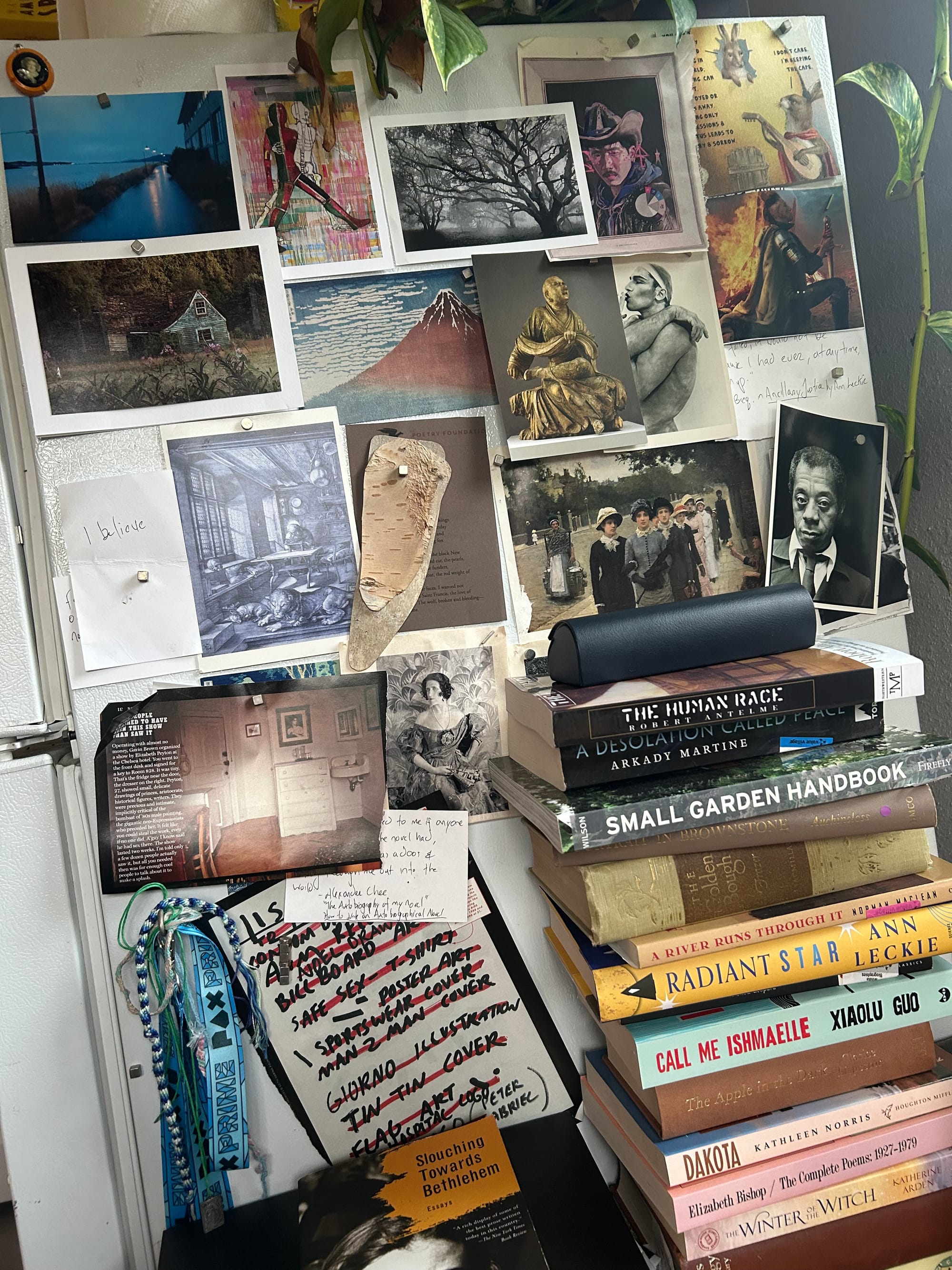 a collage of images held up by magnets on a white refrigerator, a stack of books leaning against it, framed by a pothos vine to one side