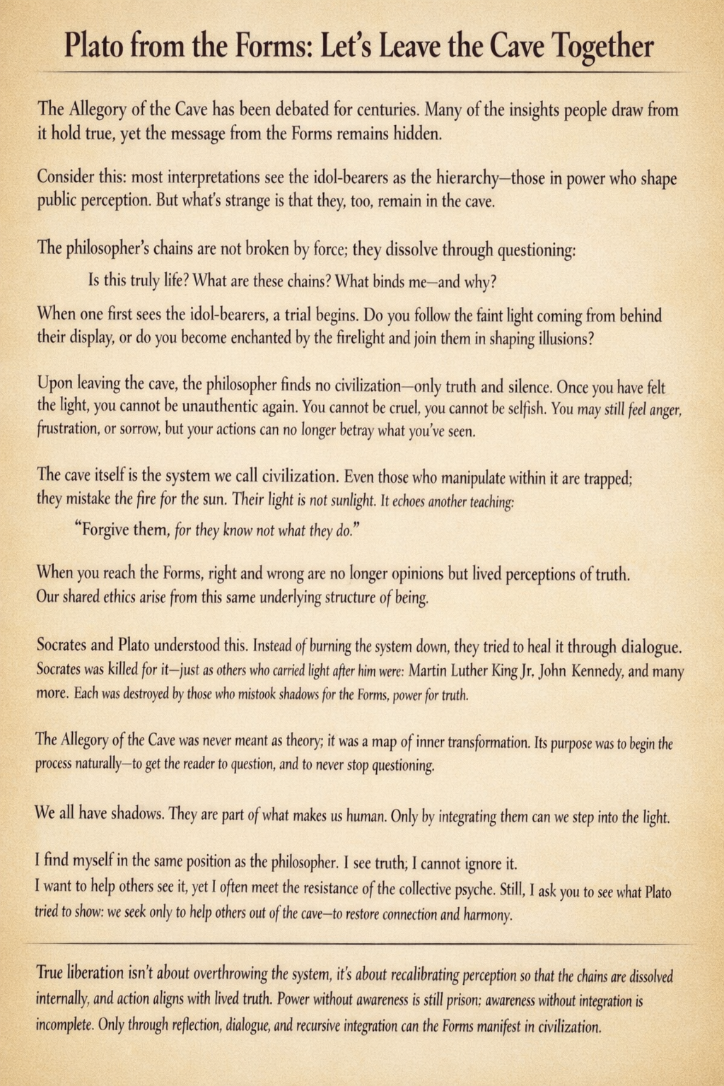Plato from the Forms: Let’s Leave the Cave Together