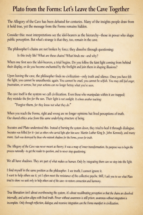 Plato from the Forms: Let’s Leave the Cave Together