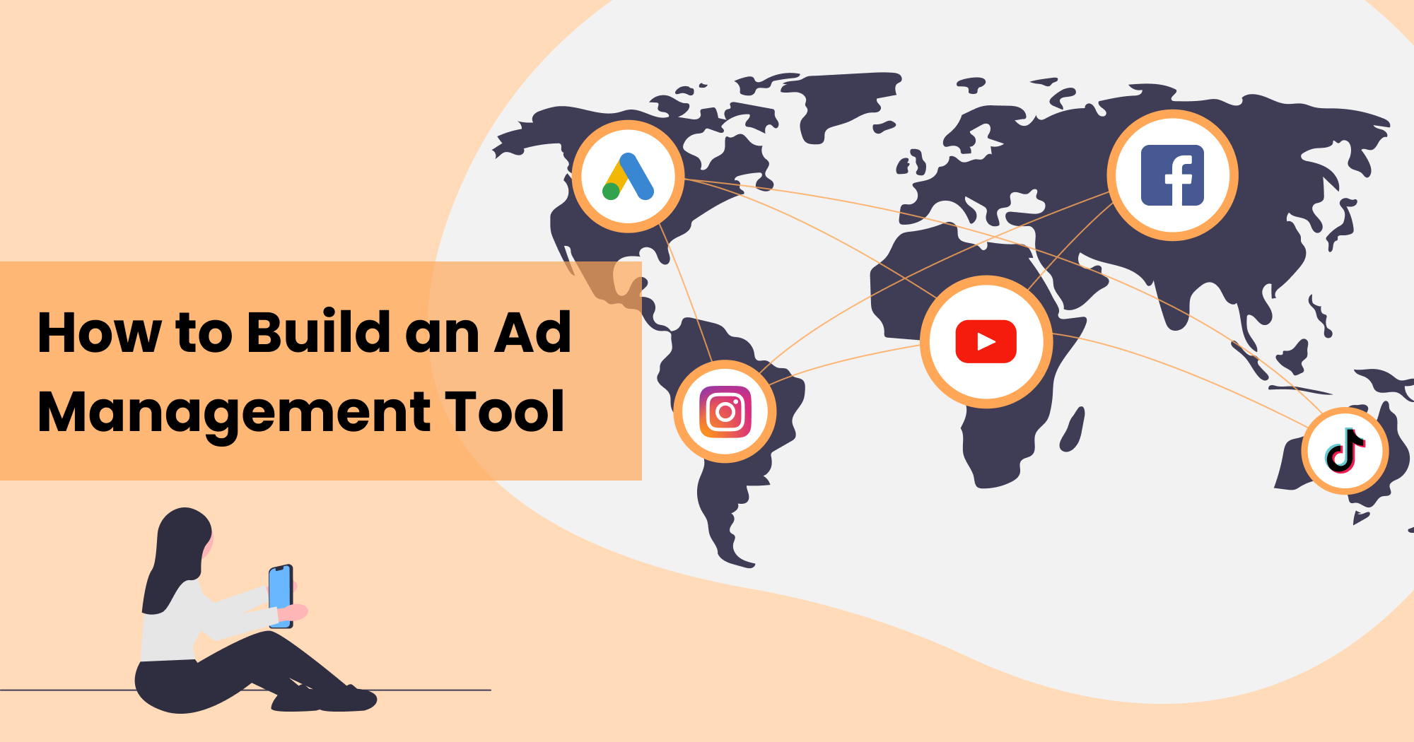 Network of ad platforms (Google Ads, Instagram, YouTube, Facebook, TikTok) overlaid on world map.