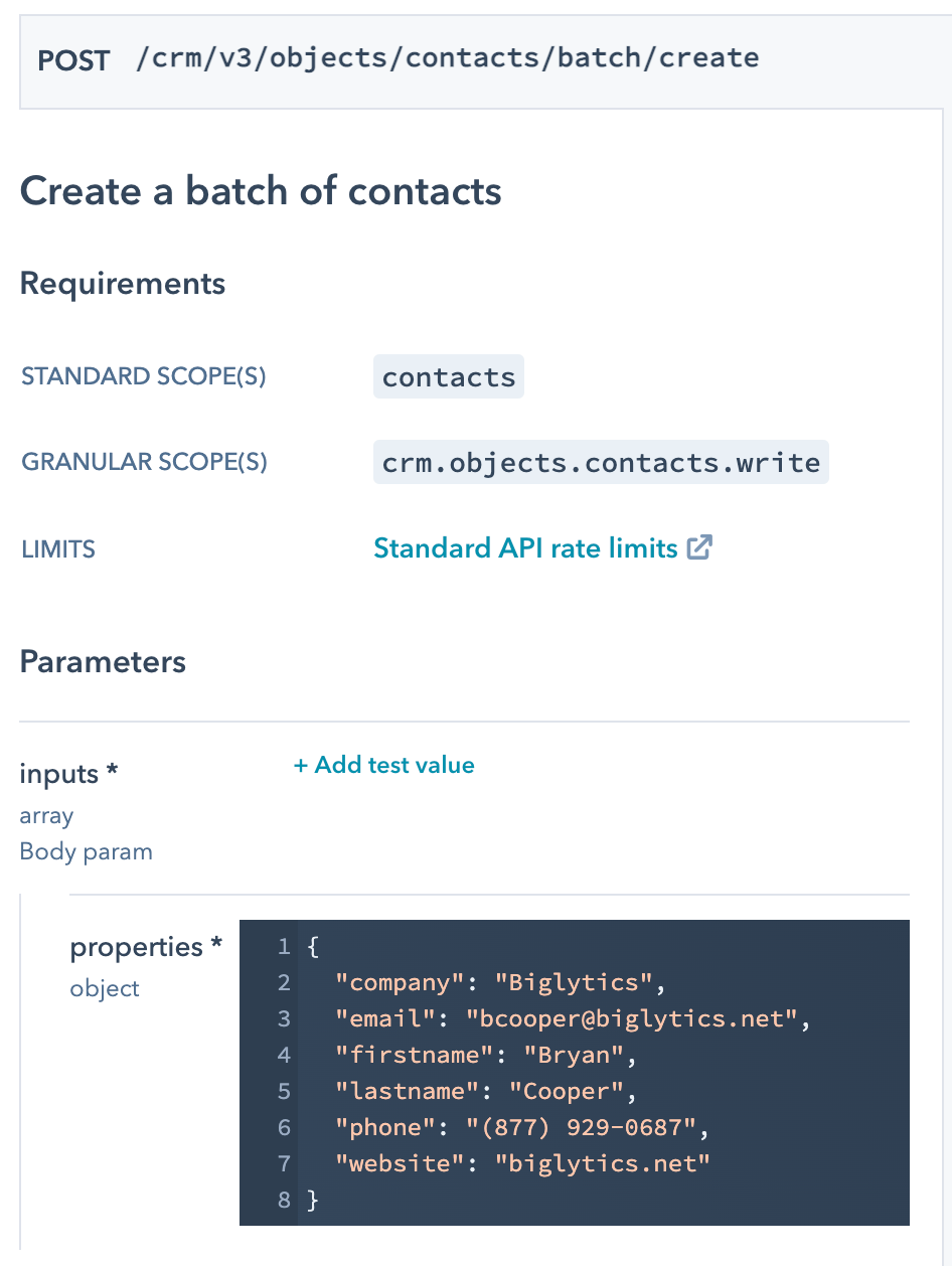 HubSpot API POST method example