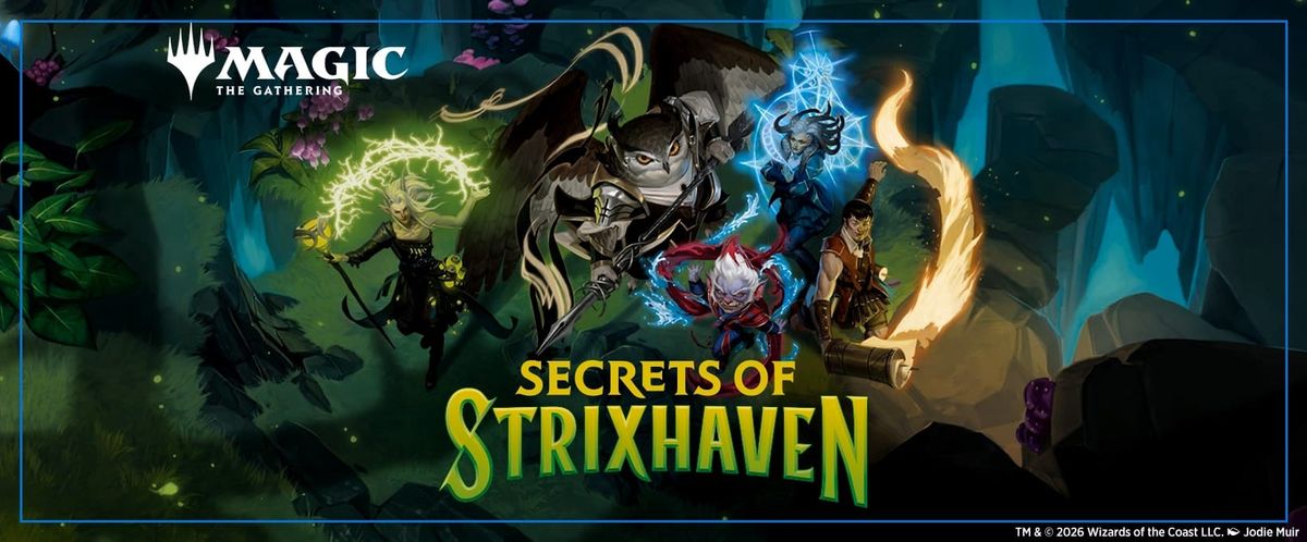 A prominent banner for the "Secrets of Strixhaven," an expansion set of cards in the Magic: the Gathering Trading Card Game