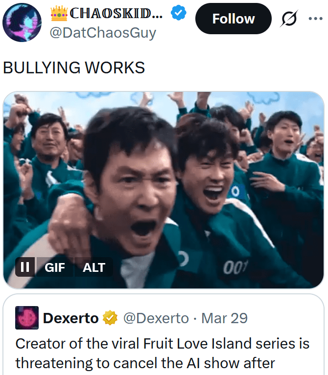 Tweet reading "BULLYING WORKS" with a Squid Game gif.