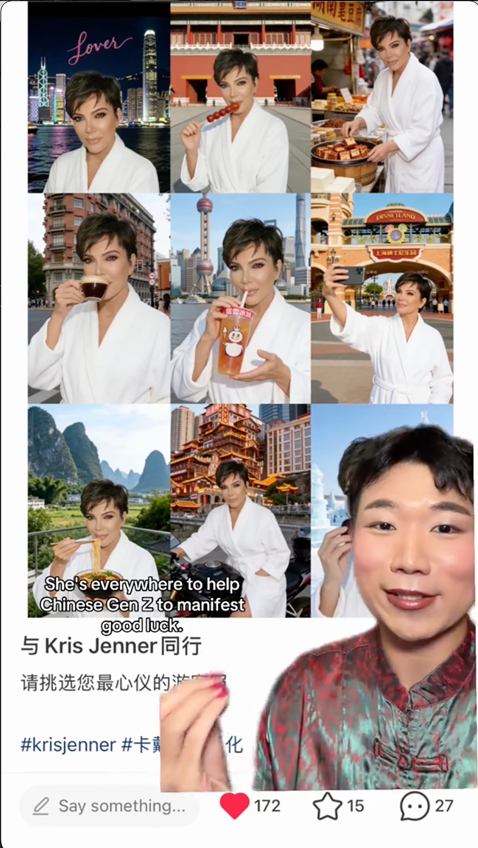 "Cosplaying Kris Jenner is like a Gen Z funny way to manifest success," Wang detailed.