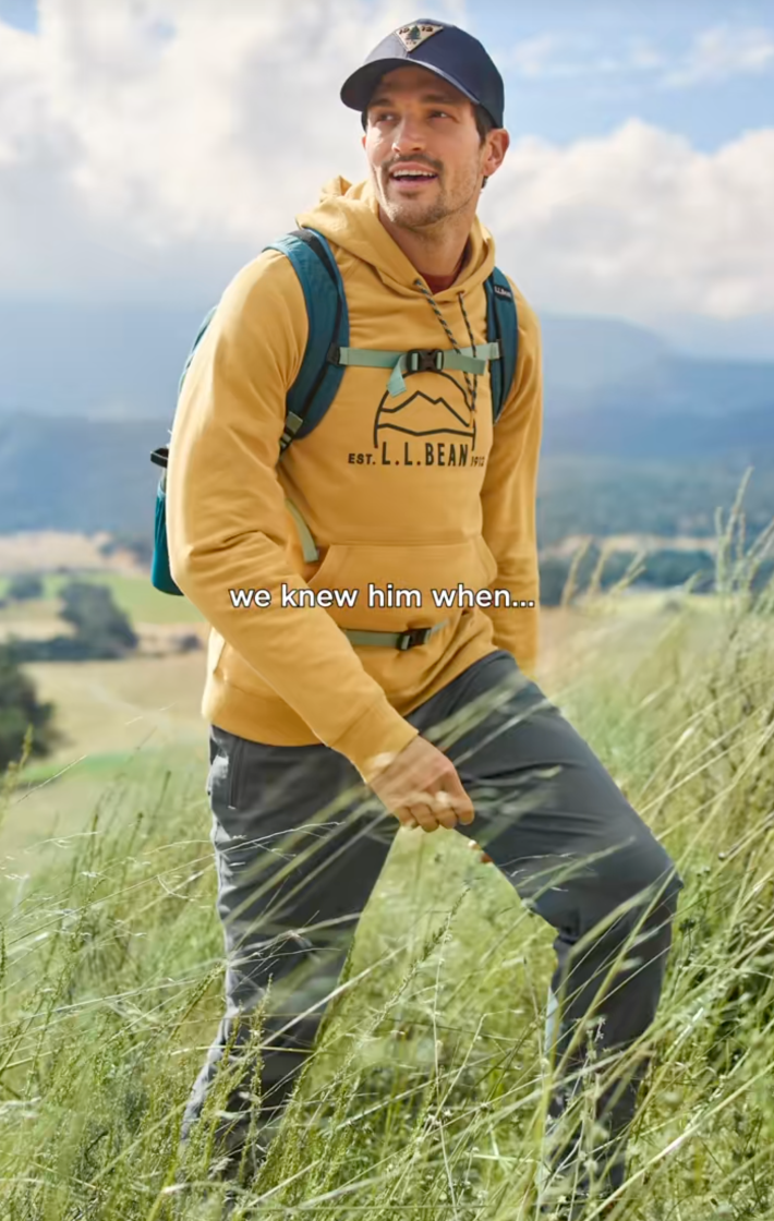 @llbean/TikTok catalog photo of Paul Anthony Kelly modeling for L.L. Bean with onscreen text: "we knew him when"