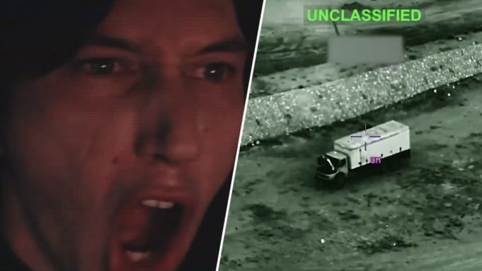 (L-R) Adam Driver in 'Star Wars'; an unclassified screengrab of a drone strike in Iran
