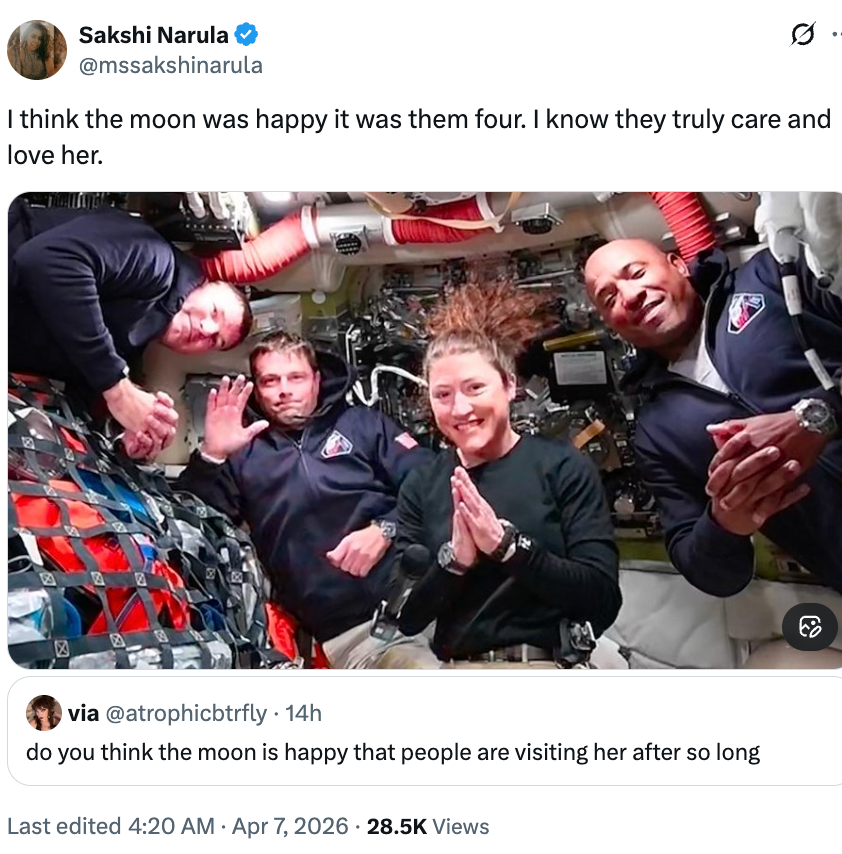Astronauts float inside a spacecraft, smiling and posing together, surrounded by equipment, in a tweet about caring for the moon