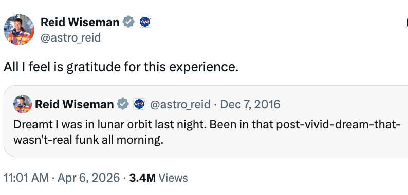 A social media post by Reid Wiseman expressing gratitude and recalling a vivid dream about orbiting the moon