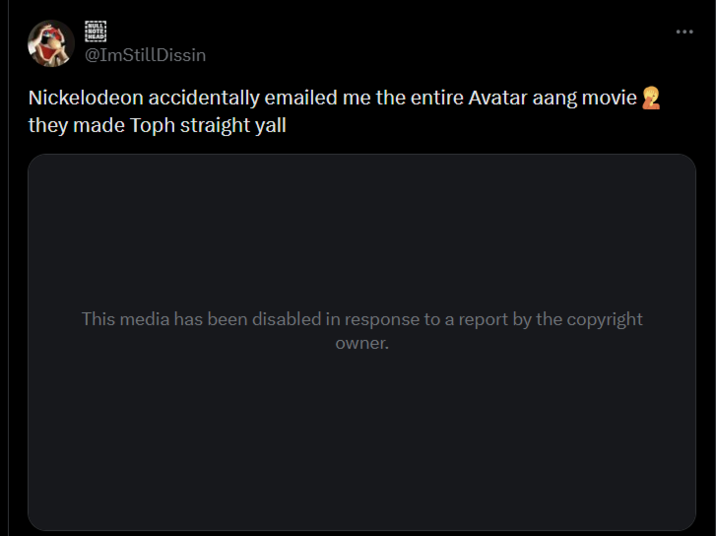 @ImStillDissin Nickelodeon accidentally emailed me the entire Avatar aang movie they made Toph straight yall This media has been disabled in response to a report by the copyright owner.