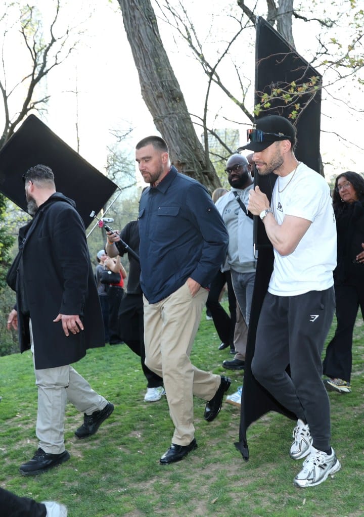 Travis Kelce is seen during a Tommy Hilfiger photoshoot in Central Park.