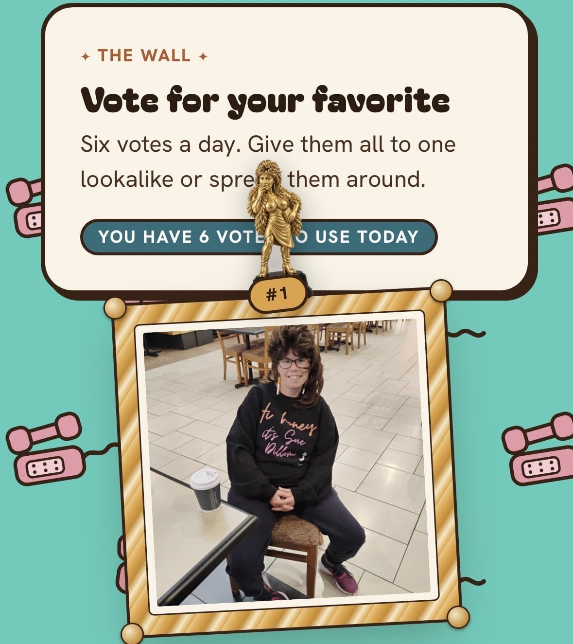 The Sue Dillon Lookalike Awards voting wall, with the top-ranked costume entry