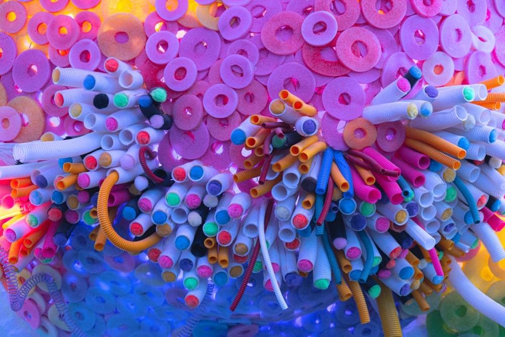 Colorful abstract sculpture with tubes and rings