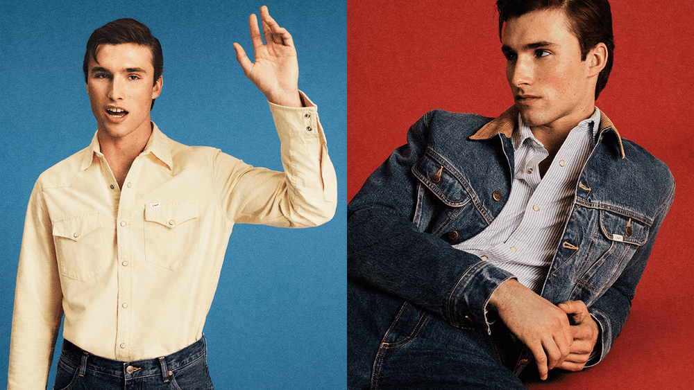 Product shot from the J.Crew x Lee collaboration showing a Western shirt or denim jacket that visually represents the prep-meets-cowboy aesthetic—ideally styled in a way that makes the cul...