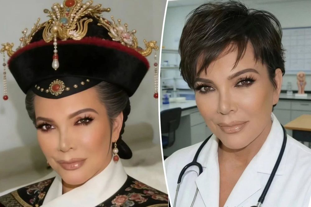 A screenshot of Chinese social media showing multiple user profiles with Kris Jenner's face as their avatar, or a side-by-side comparison of Kris Jenner's official branded image versus how...
