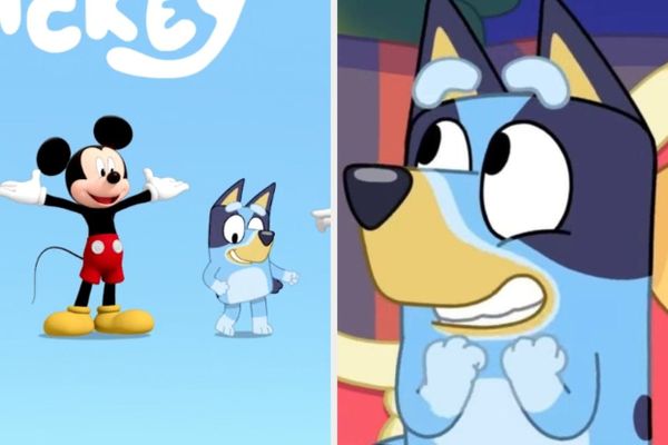 A still from the crossover short showing Mickey Mouse and Bluey playing musical statues together in the Heeler family's backyard—ideally capturing the moment where Mickey is clearly the gu...