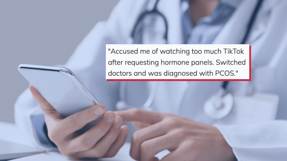 A split-screen visual: on one side, a patient holding a phone with TikTok open showing medical content; on the other, a doctor with arms crossed in a dismissive posture. Alternatively, a c...