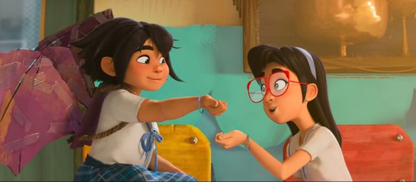 Official still or promotional art from Forgotten Island showing the two protagonists (voiced by H.E.R. and Liza Soberano) in a visually distinct Filipino folklore-inspired environment — id...