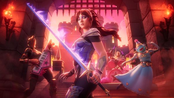 Fortnite gameplay screenshot showing the game's signature visual style, or an image of Epic Games headquarters/logo signage — something that visually represents the platform's scale and cu...