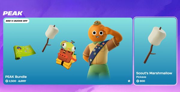 Screenshot of the Peak skins in Fortnite's item shop showing the V-Bucks pricing, ideally next to a screenshot of Peak's Steam store page showing the $10 price tag — visual contrast of the...
